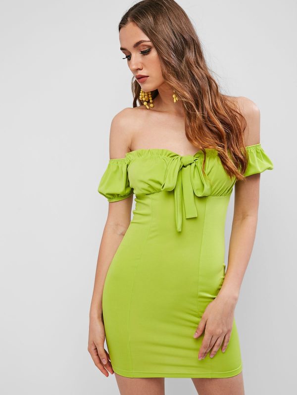 Off Shoulder Ruffles Knotted Bodycon Dress - Salad Green M