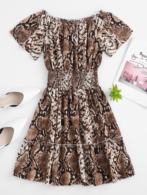 Off Shoulder Snake Print Mini Dress - Multi S