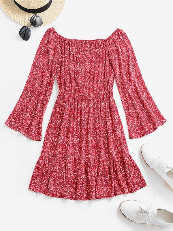 Off Shoulder Tiny Floral Flare Dress - Chestnut Red L