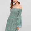 Smocked Ditsy Floral Off Shoulder Mini Dress - Green L