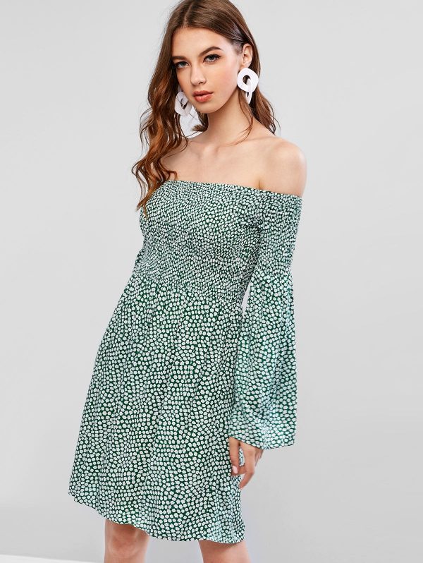 Smocked Ditsy Floral Off Shoulder Mini Dress - Green L