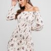 Off Shoulder Smocked Tiny Floral Ruffles Dress - Warm White M