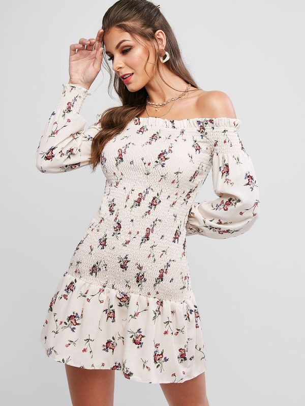 Off Shoulder Smocked Tiny Floral Ruffles Dress - Warm White M