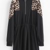 Leopard Insert Front Zipper Long Sleeve Dress - Black M