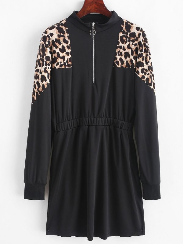 Leopard Insert Front Zipper Long Sleeve Dress - Black M