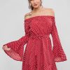 Polka Dot Off Shoulder Flippy Hem Dress - Red S