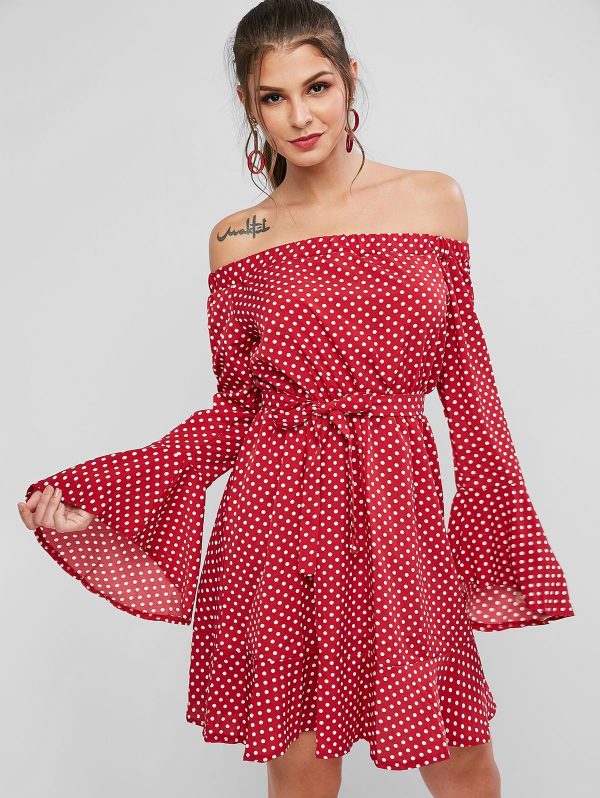 Polka Dot Off Shoulder Flippy Hem Dress - Red S