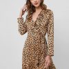 Leopard Flounce Animal Print Wrap Long Sleeve Dress - Tiger Orange S