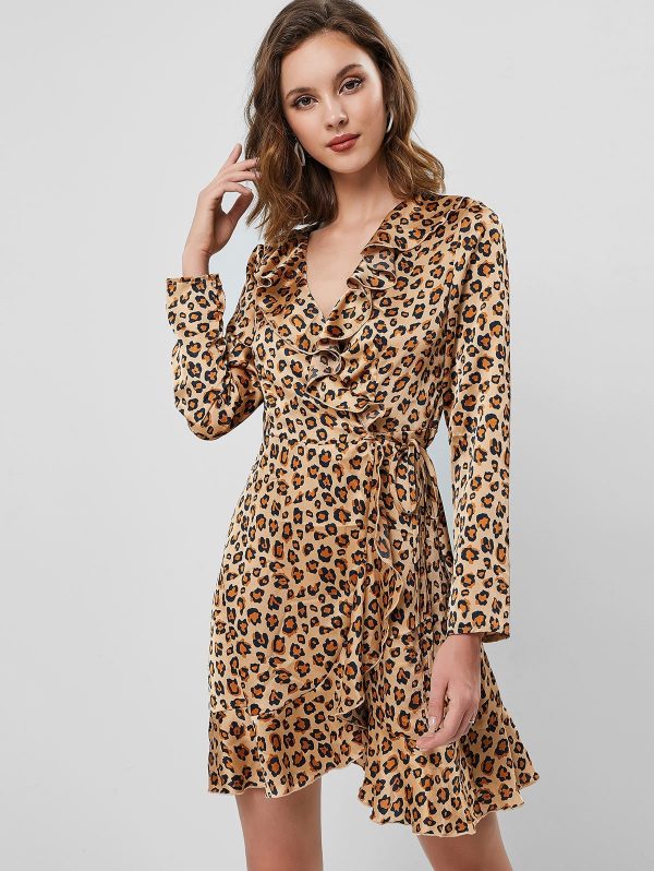 Leopard Flounce Animal Print Wrap Long Sleeve Dress - Tiger Orange S