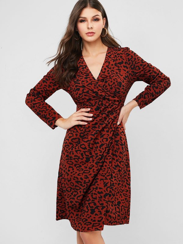 Leopard Surplice Slit Dress - Brown L