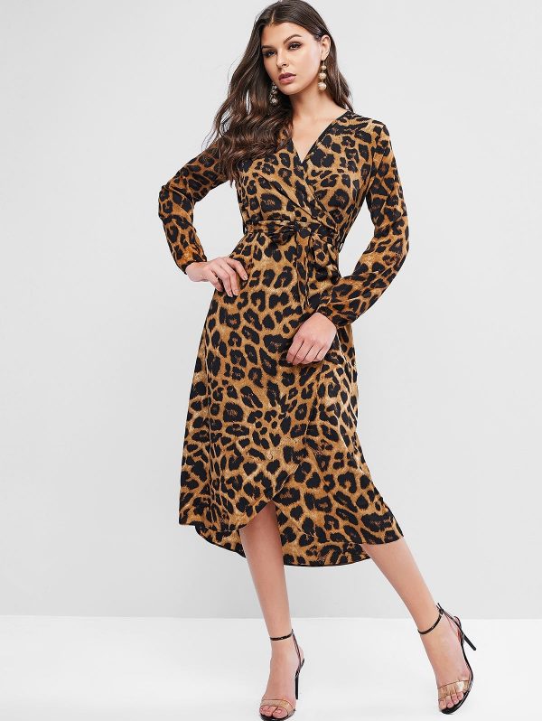 Leopard Maxi Surplice Dress - Dark Khaki S