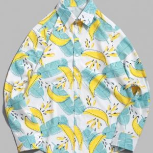 Banana Leaf And Fruit Print Long Sleeve Vacation Shirt - Multi