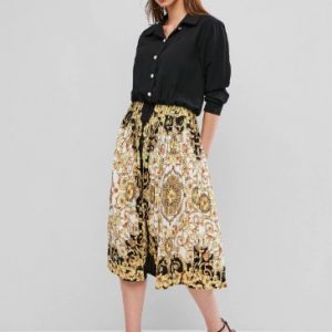 Baroque Print Button Front A Line Pleated Dress - Black