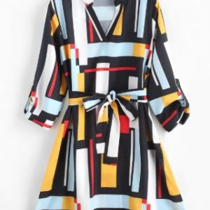 Belted Buttoned Sleeve Tabs Geometric Mini Dress