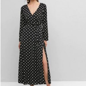 Belted Long Sleeve Polka Dot Maxi Surplice Dress - Black