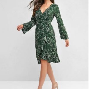 Belted Polka Dot Ruffles Long Sleeve Dress