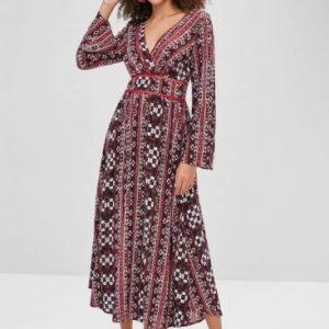 Boho Ethnic Floral Long Sleeve Dress - Multi