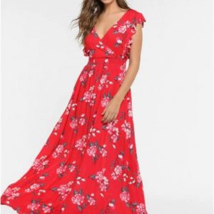 Boho Floral Backless Ruffled Dress - Red