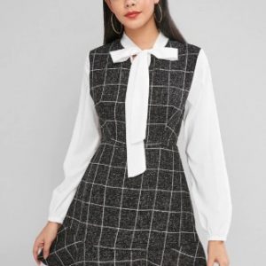 Bow Tie Plaid Flounce Lantern Sleeve Dress