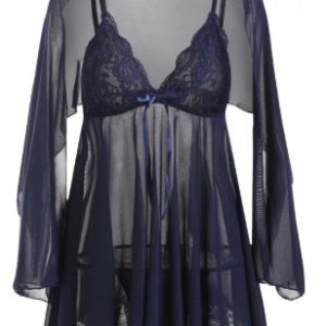 Bowknot Mesh Lace Insert Babydoll With Shawl