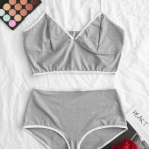 Bralette Contrast Piping Heather Lingerie Set