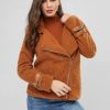 Buckle Inclined Zipper Teddy Coat - Caramel