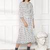 Button Crew Neck Printed Tea Length Dress