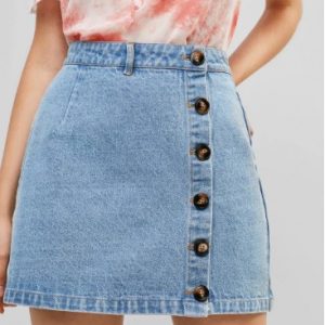 Button Fly Denim A Line Skirt - Denim Blue