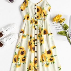 Button Sunflower Print Midi Dress