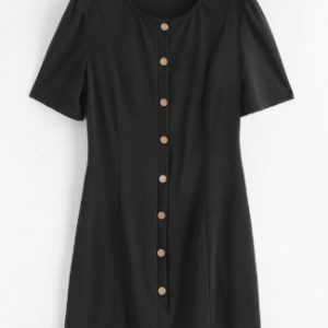 Button Up Mini Solid Shift Dress