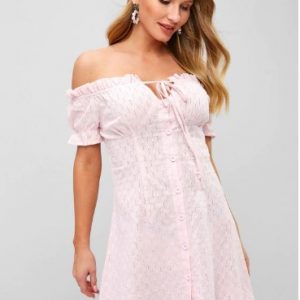 Button Up Off Shoulder Mini Dress - Pink