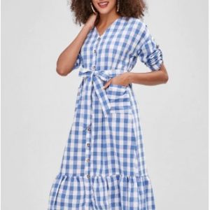 Button Up Plaid Pockets Midi Dress