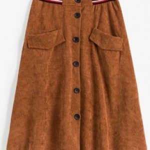 Button Up Pockets Corduroy Flare Skirt - Brown