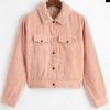 Button Up Pockets Corduroy Fleece Lined Jacket - Deep Peach