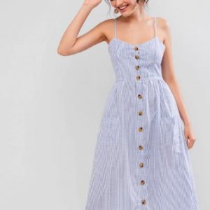 Button Up Pockets Striped Cami Dress