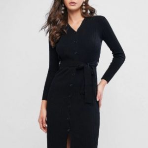 Button Up Ribbed Belted V Neck Dress