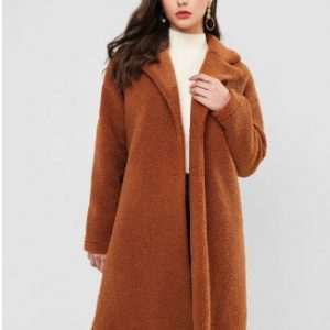 Button Up Solid Lapel Teddy Coat - Dark Goldenrod