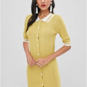 Button Up Striped Shift Dress - Harvest Yellow