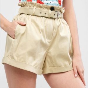 Buttons Belted Wide Leg Paperbag Shorts - Light Khaki