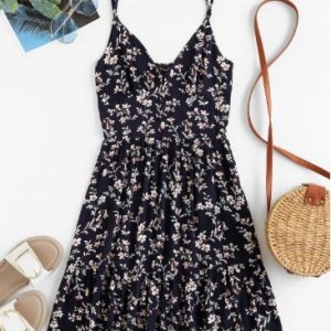 Buttons Floral Print A Line Cami Dress