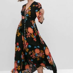 Buttons Slit Floral Vacation Maxi Dress