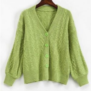 Cable Knit Drop Shoulder Single Breasted Cardigan - Green Apple