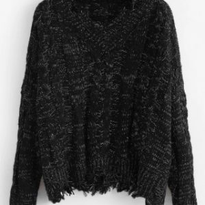 Cable Knit Ripped Heathered Chunky Sweater - Black