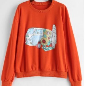 Car Sunflower Graphic Loose Sweatshirt - Pumpkin