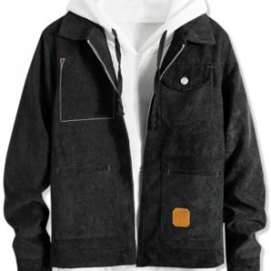 Casual Front Pocket Zip Up Corduroy Jacket - Black