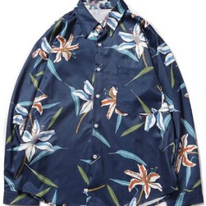 Chest Pocket Flower Plant Print Curved Hem Shirt - Deep Blue