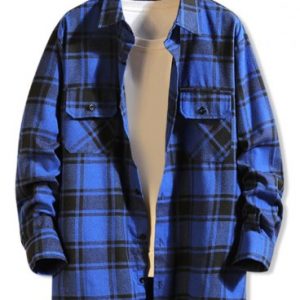 Chest Pocket Plaid High Low Button Shirt - Blue