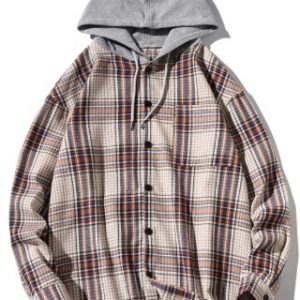 Chest Pocket Plaid Print Curved Hem Hooded Shirt