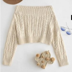 Chunky Cable Knit Off Shoulder Sweater - Beige