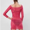 Cinched Side Sheer Mesh Off Shoulder Mini Dress - Blush Red